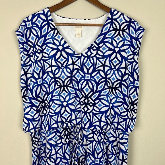 Chico's 3 Maxi Dress XL Blue White‎ Sleeveless Geo Print Jersey Knit Slit V-Neck - Picture 2 of 12